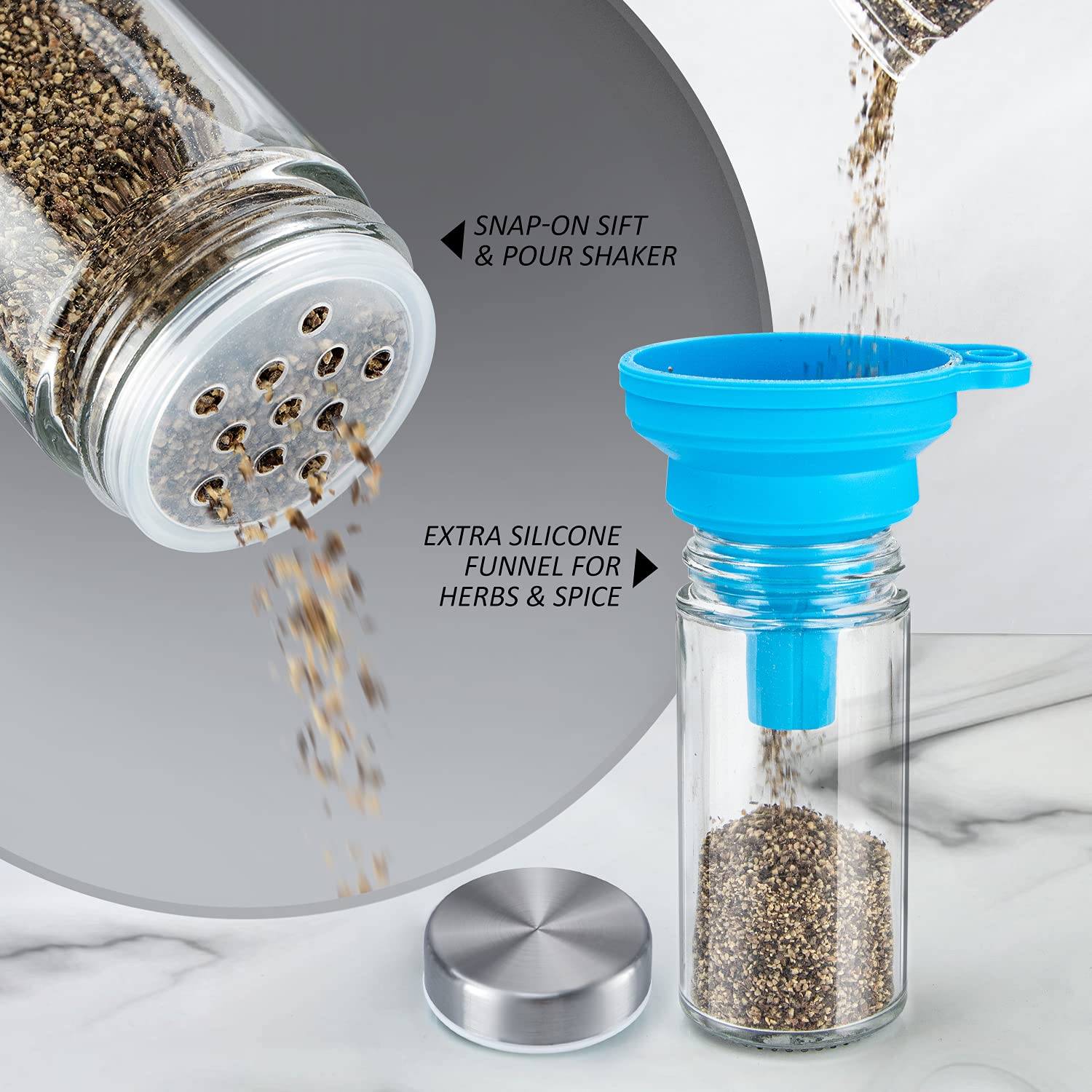 Dasaka silicone funnel simplifies transferring spices into jars.