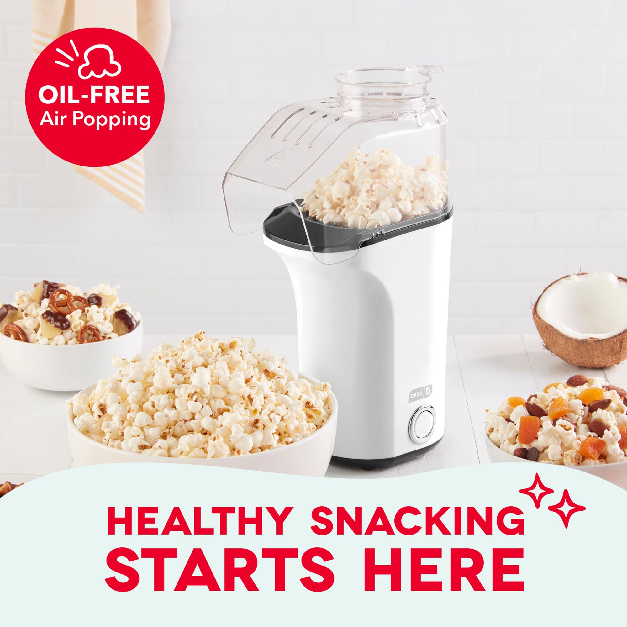 DASH Fresh Pop popcorn maker top view showing compact design