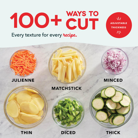 DASH Safe Slice Julienne setting creates uniform matchsticks for salads.