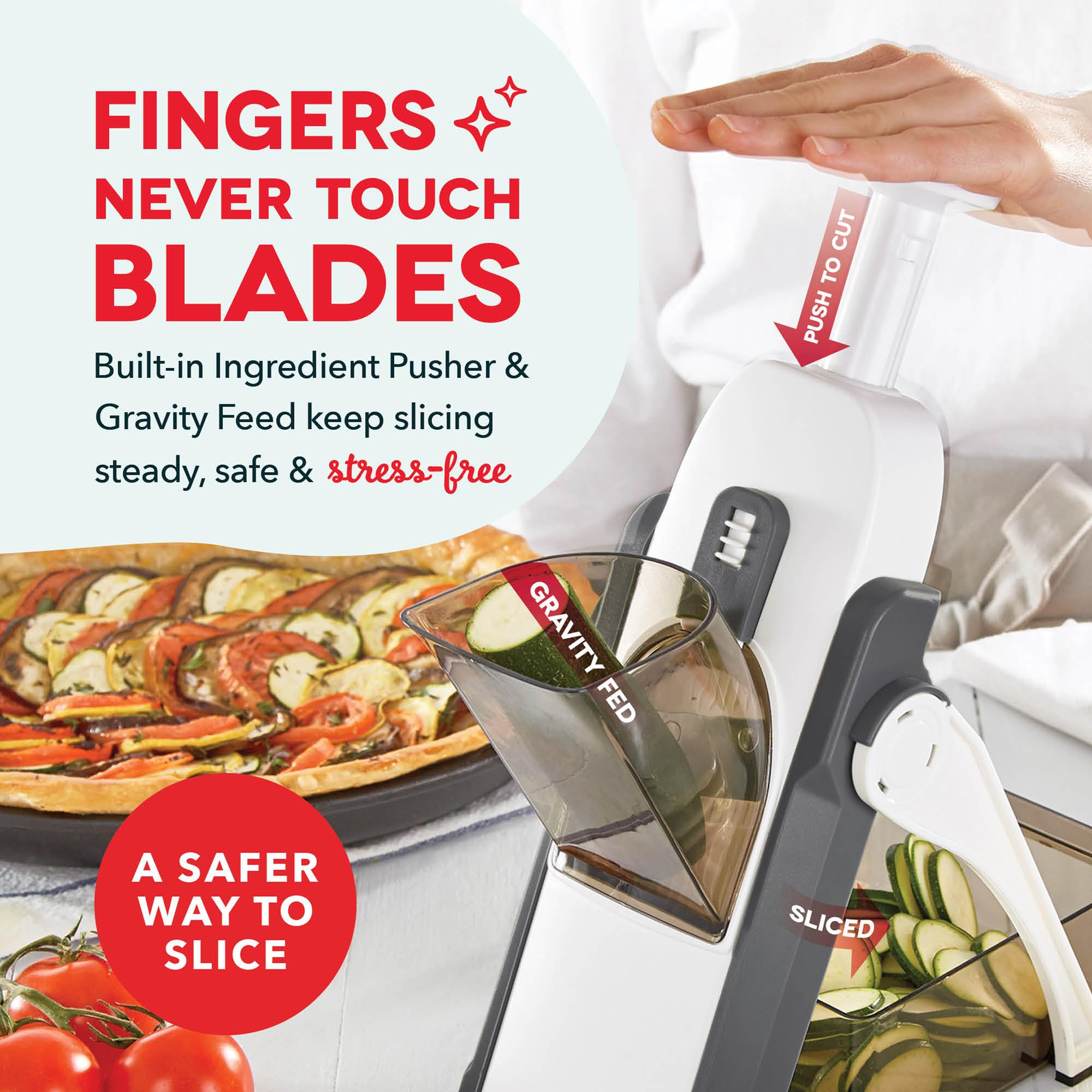 DASH Safe Slice Mandoline blades close-up highlights sharp, safe placement for even prep.