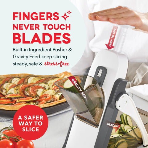 DASH Safe Slice Mandoline blades close-up highlights sharp, safe placement for even prep.