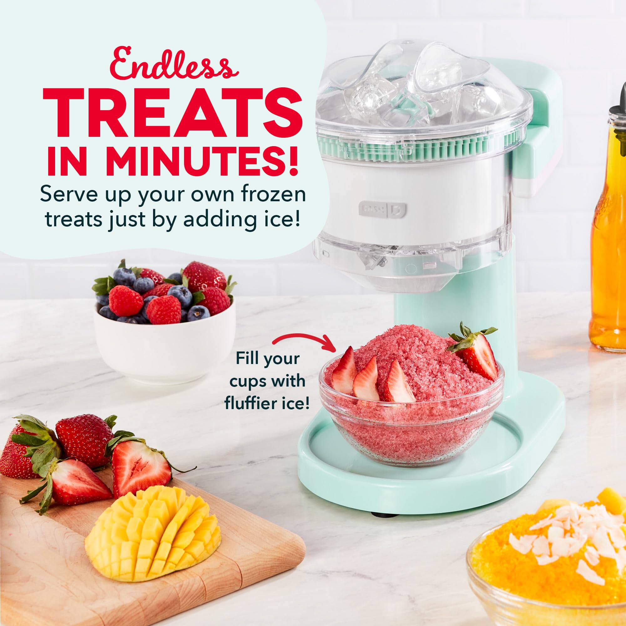 Dash Shaved Ice Maker creating fluffy snow cones for family fun.