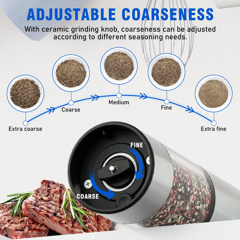 Daslich adjustable coarseness dial enables fine to coarse seasoning.