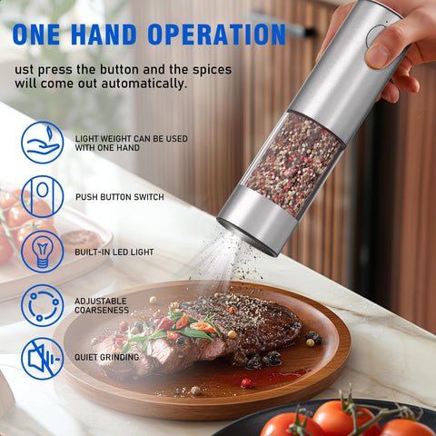 Daslich salt grinder with LED illumination for precise seasoning in low light.