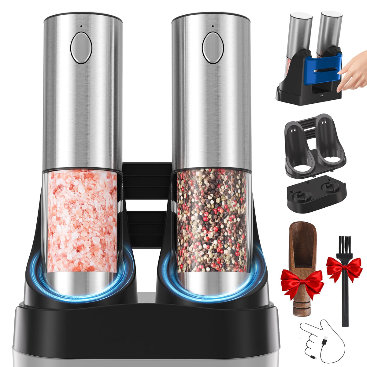 Daslich upgraded salt and pepper grinder set on USB charging base for easy kitchen prep.