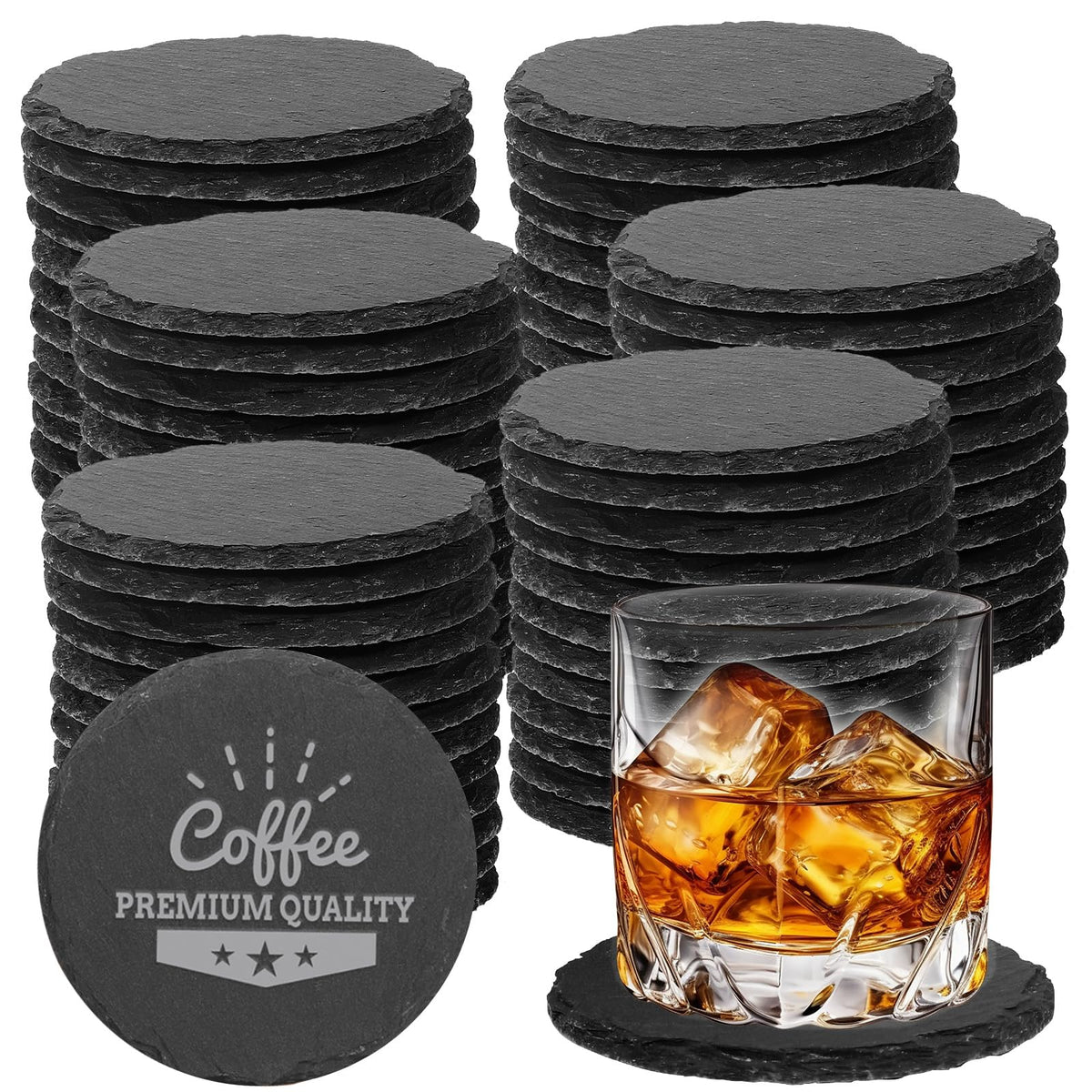 DASSNANE 72-piece black slate coasters show natural texture for elegant surface protection on desks and tables.