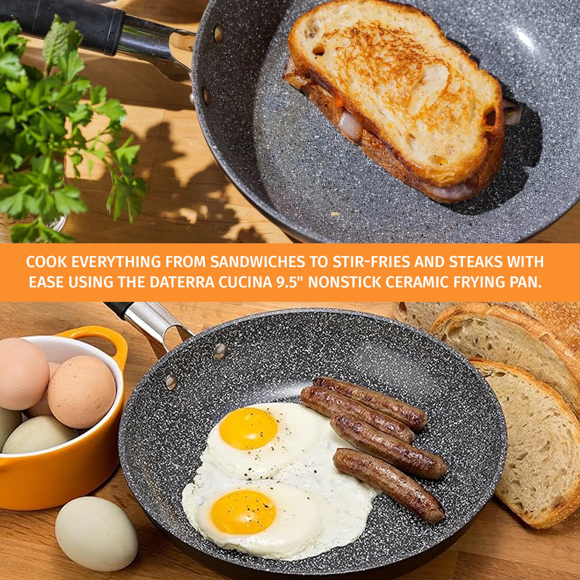 DaTerra Cucina cool-touch ergonomic handle for safe, comfortable sautéing and control.