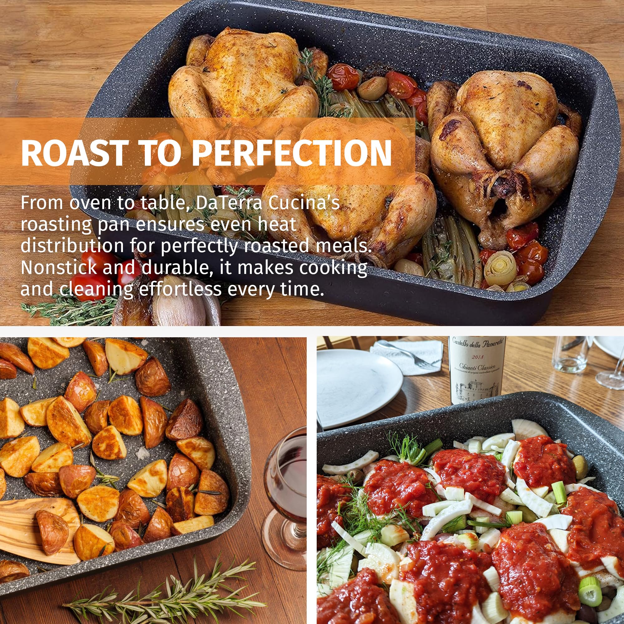 DaTerra Cucina oven-to-stovetop transition image demonstrates versatile cookware