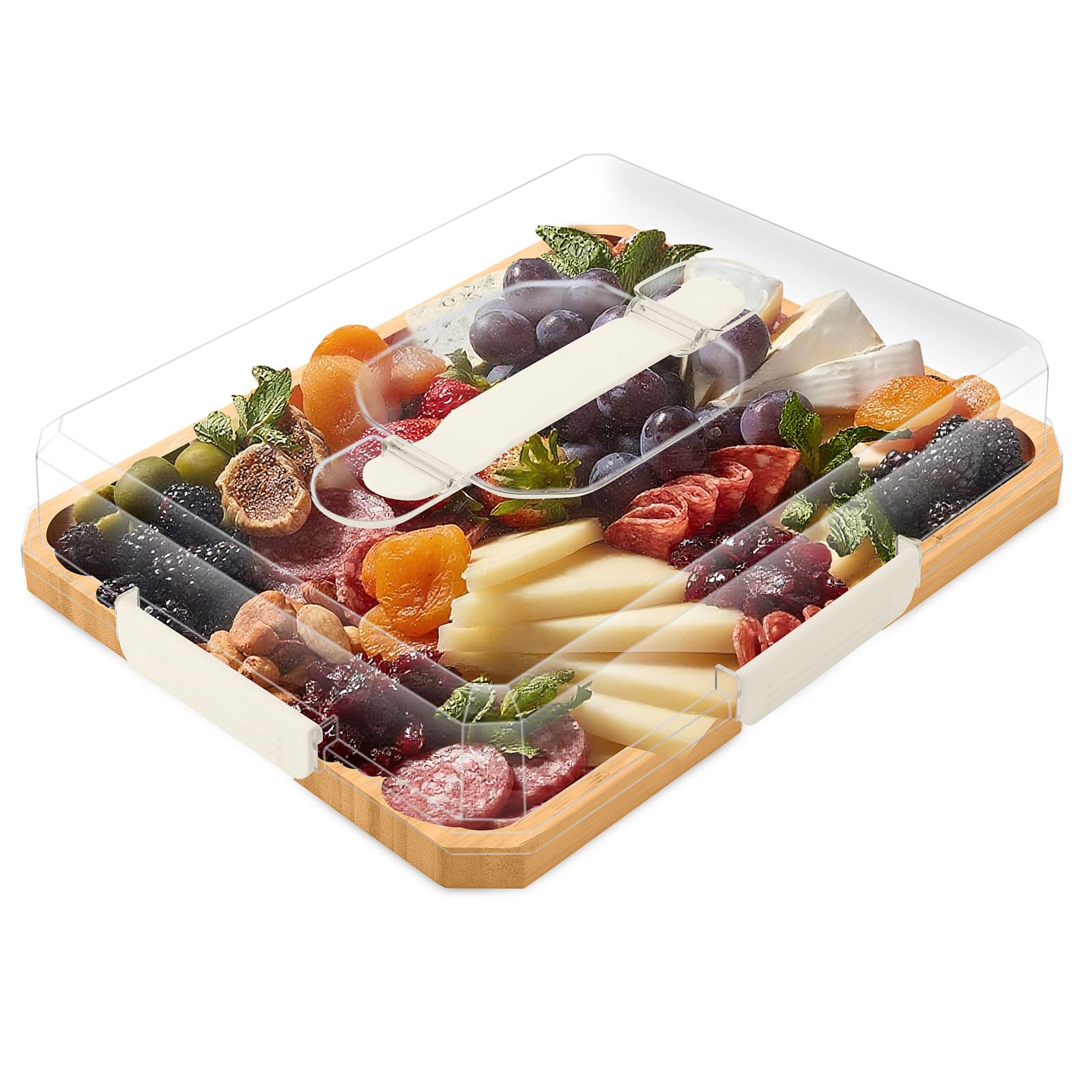 Datichee charcuterie board with lid showing six compartments for organized entertaining.