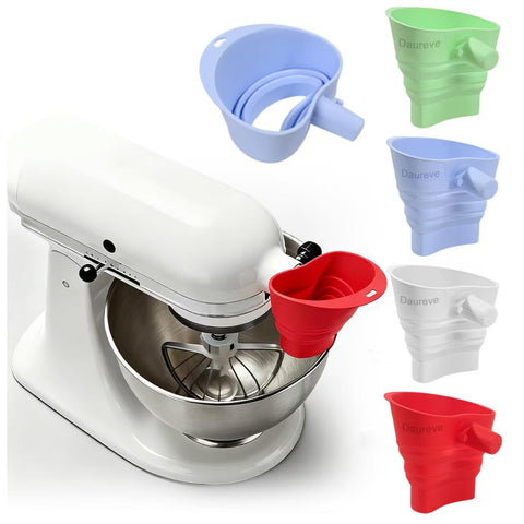 Daureve flour funnel mounted on a KitchenAid for stable, mess-free pouring.
