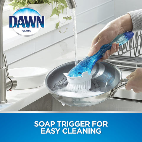 Dawn No-Drip Fillable Dish Brush bristles gentle on cookware.
