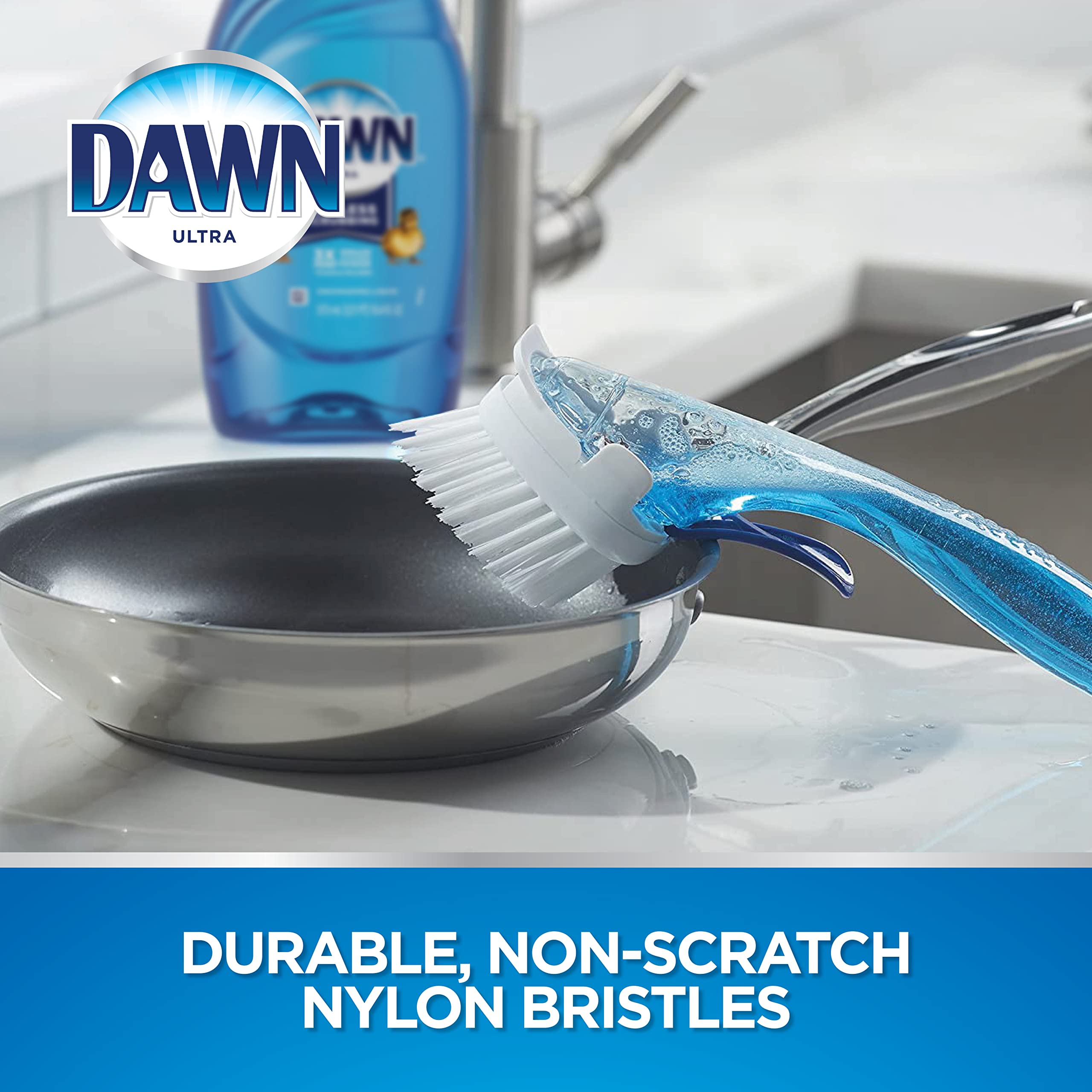 Dawn No-Drip Fillable Dish Brush built-in scraper clears residue.