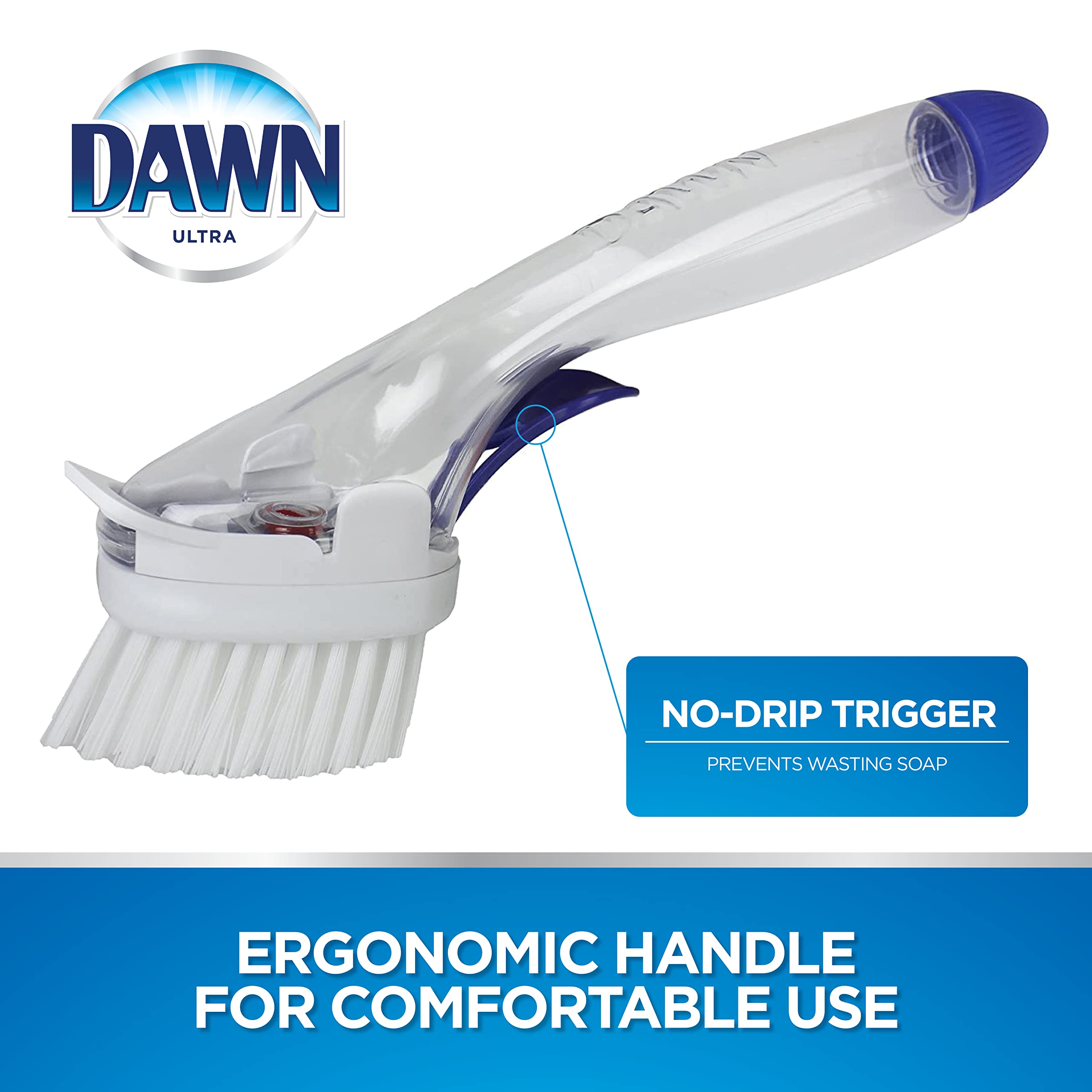 Dawn No-Drip Fillable Dish Brush ergonomic handle for comfortable cleaning.