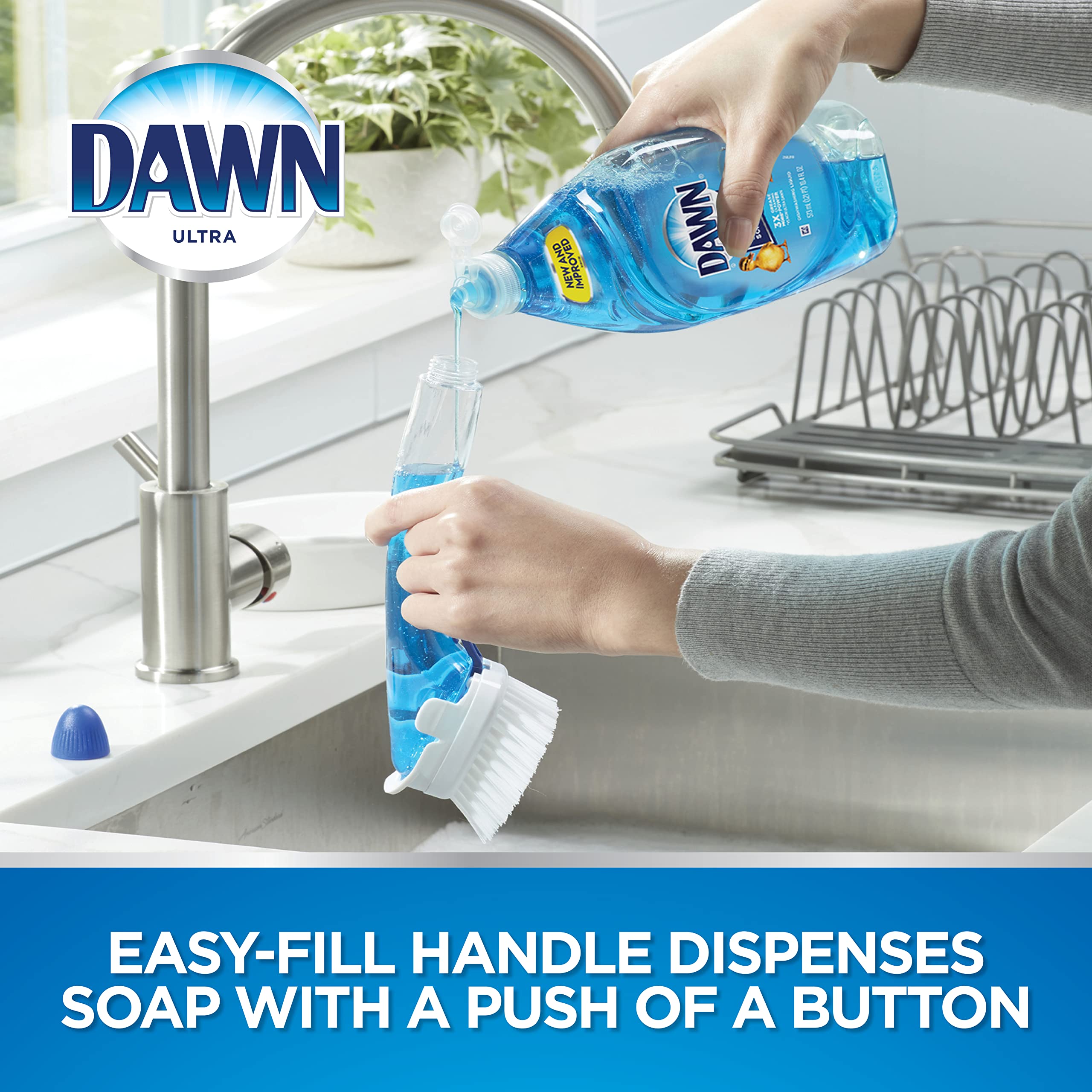 Dawn No-Drip Fillable Dish Brush safe on pots and pans.