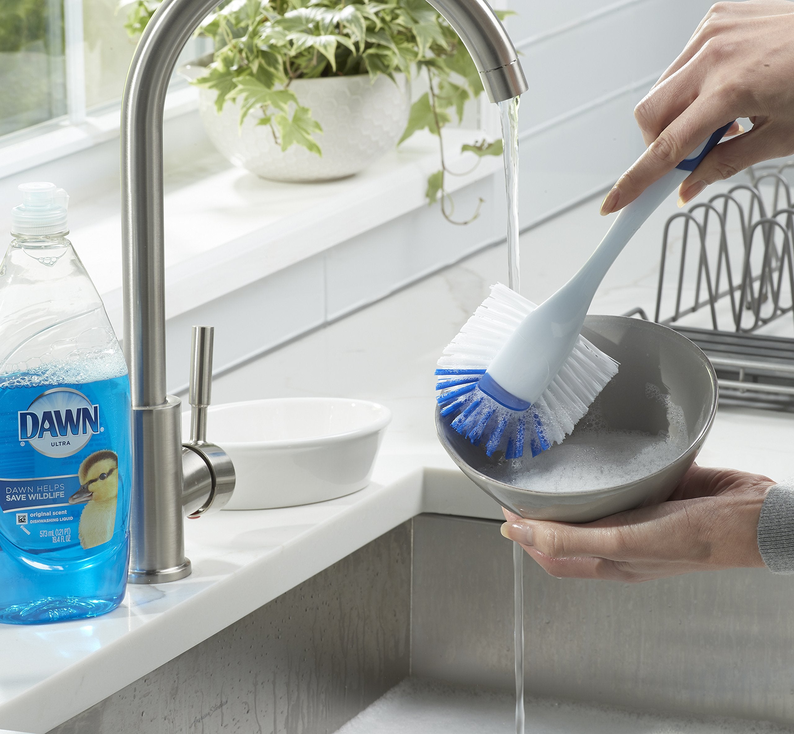 Dawn radial head kitchen brush nylon bristles maintain shape in hot water.