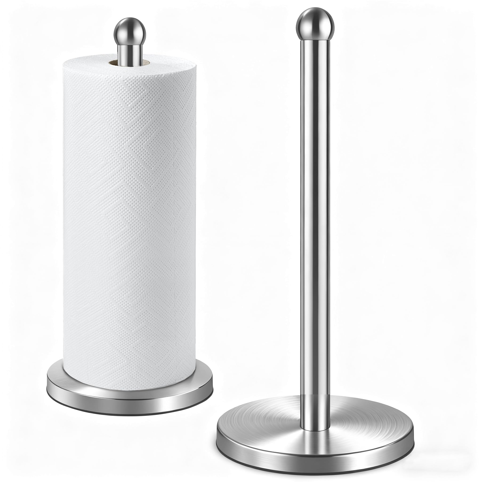 DAWNER paper towel holder with weighted base in brushed nickel for stable one-handed tearing