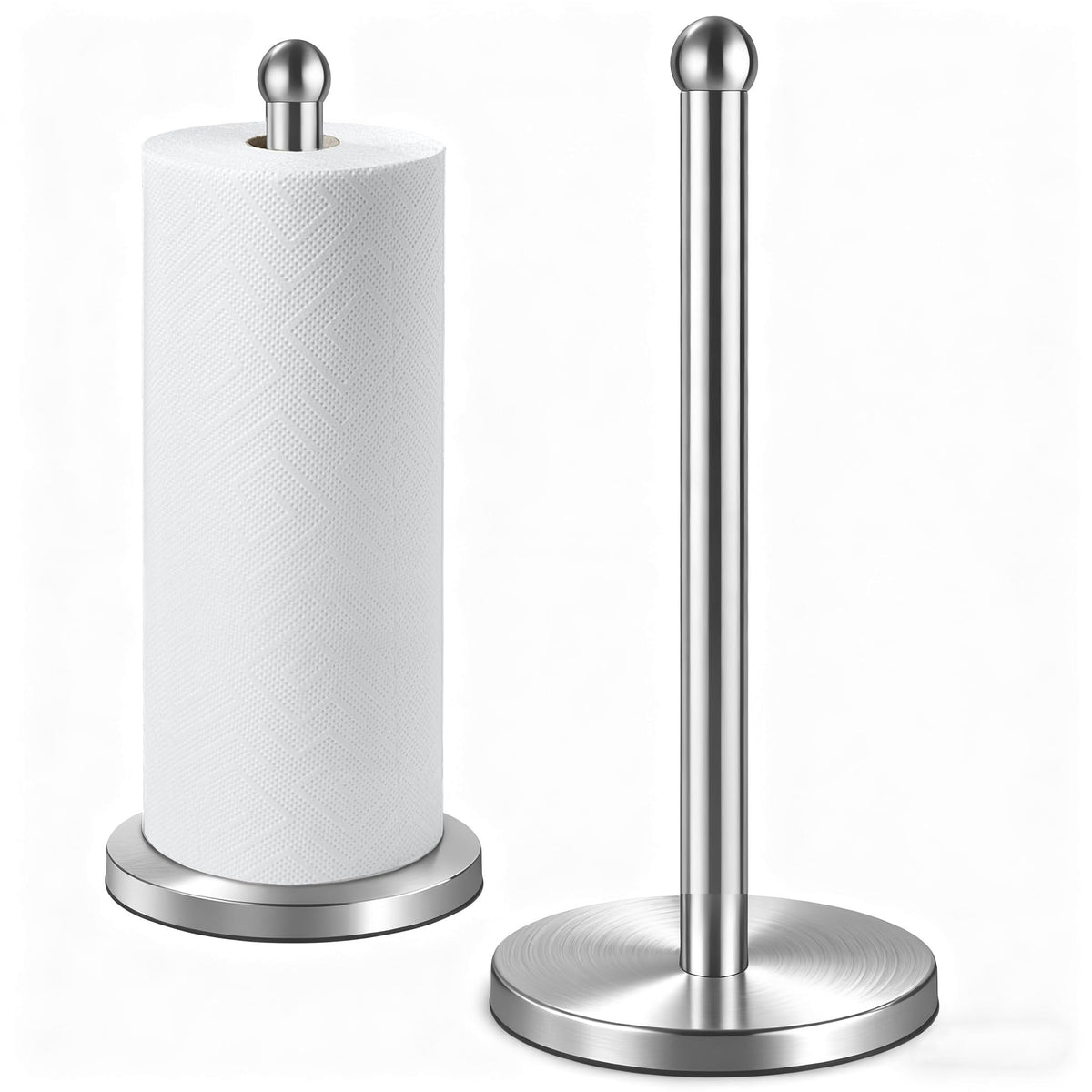 DAWNER paper towel holder with weighted base in brushed nickel for stable one-handed tearing