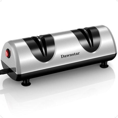 Dawnstar electric sharpener front view shows sleek silver-gray housing for the kitchen