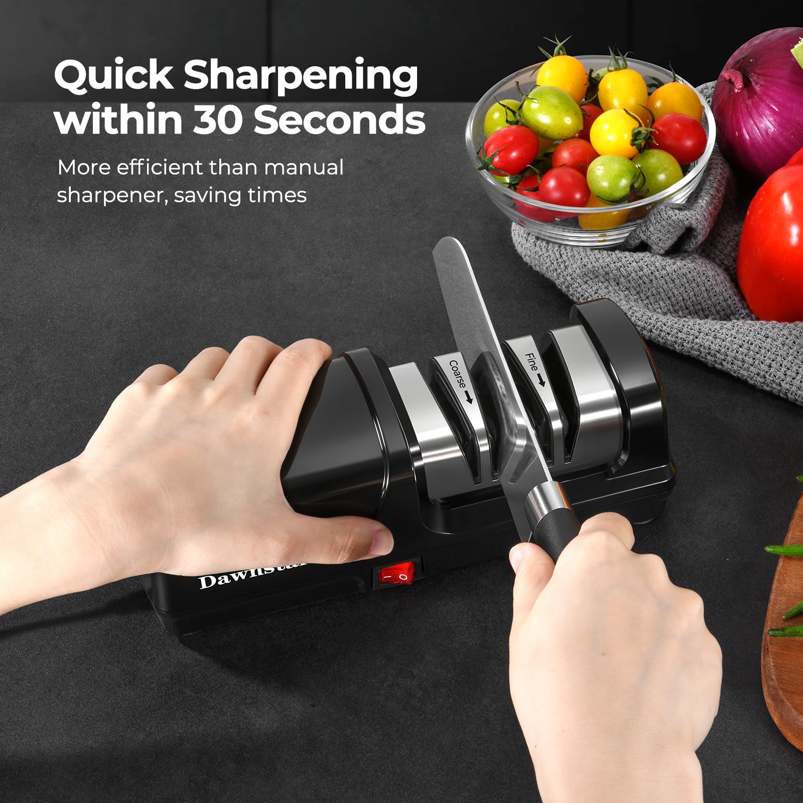 Dawnstar knife sharpener in action sharpening a blade in the kitchen