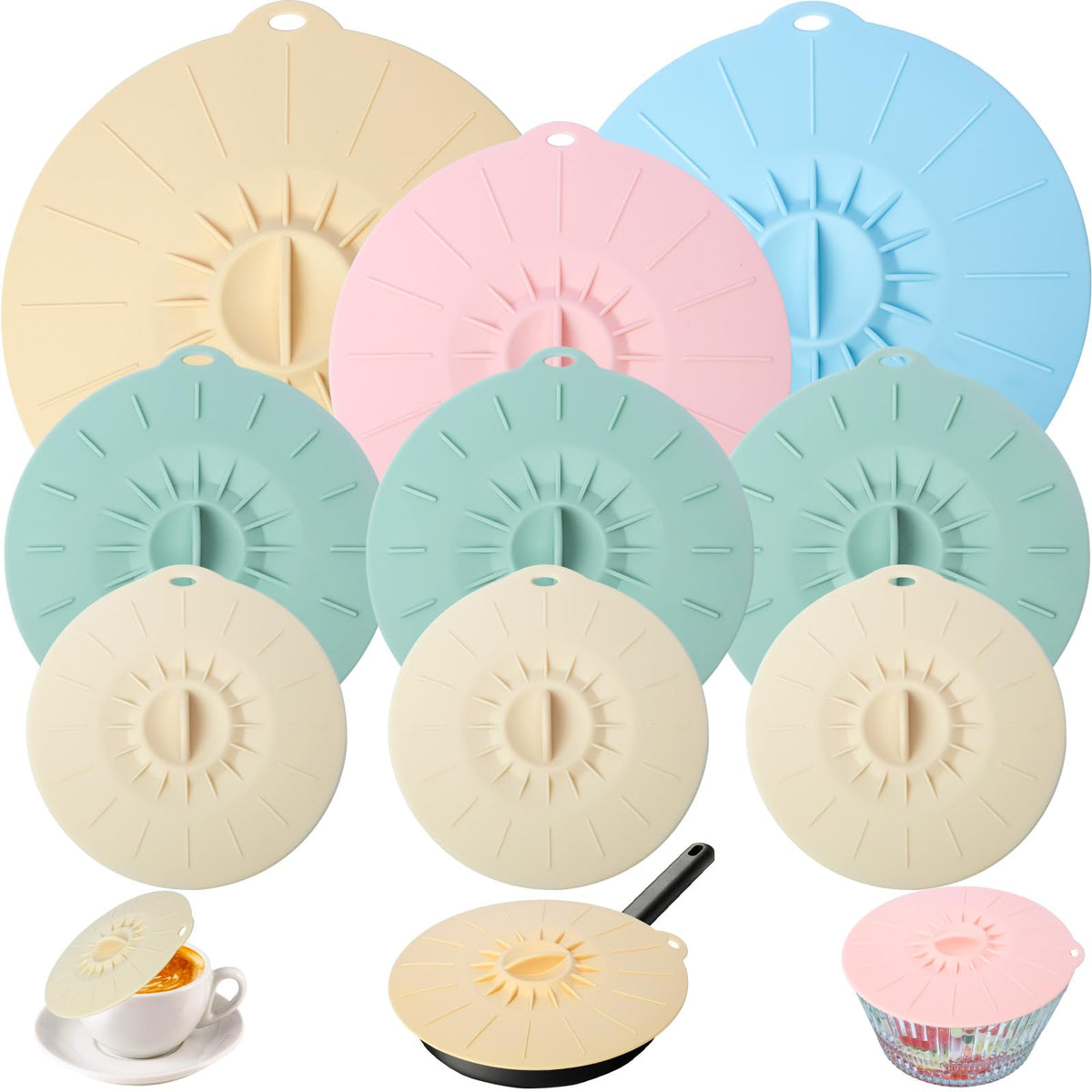 Daxiongmao nine-pack 10-inch silicone lid keeps bowls fresh and splatter-free in the microwave.