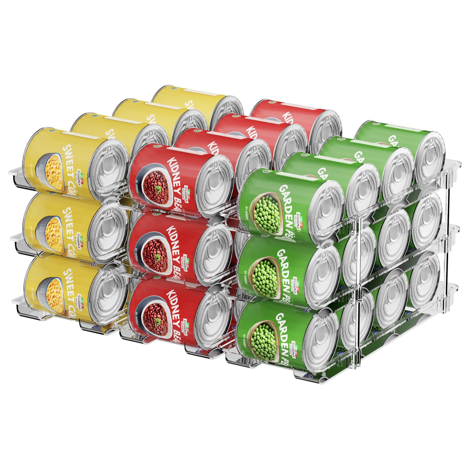 Dayacoco can organizer pantry 3-tier setup keeping cans accessible and visible.