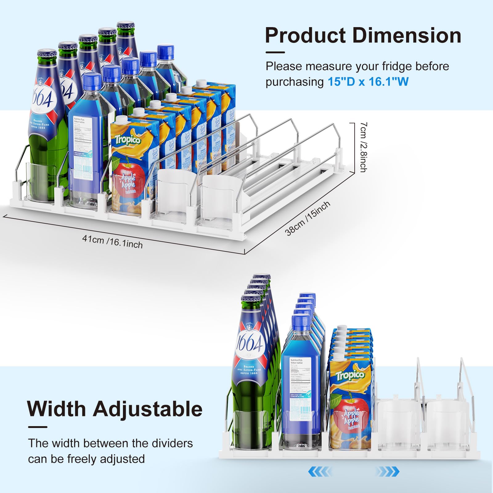 Dayacoco fridge can rack adjustable width keeps 12oz, 16oz, and 20oz cans tidy.