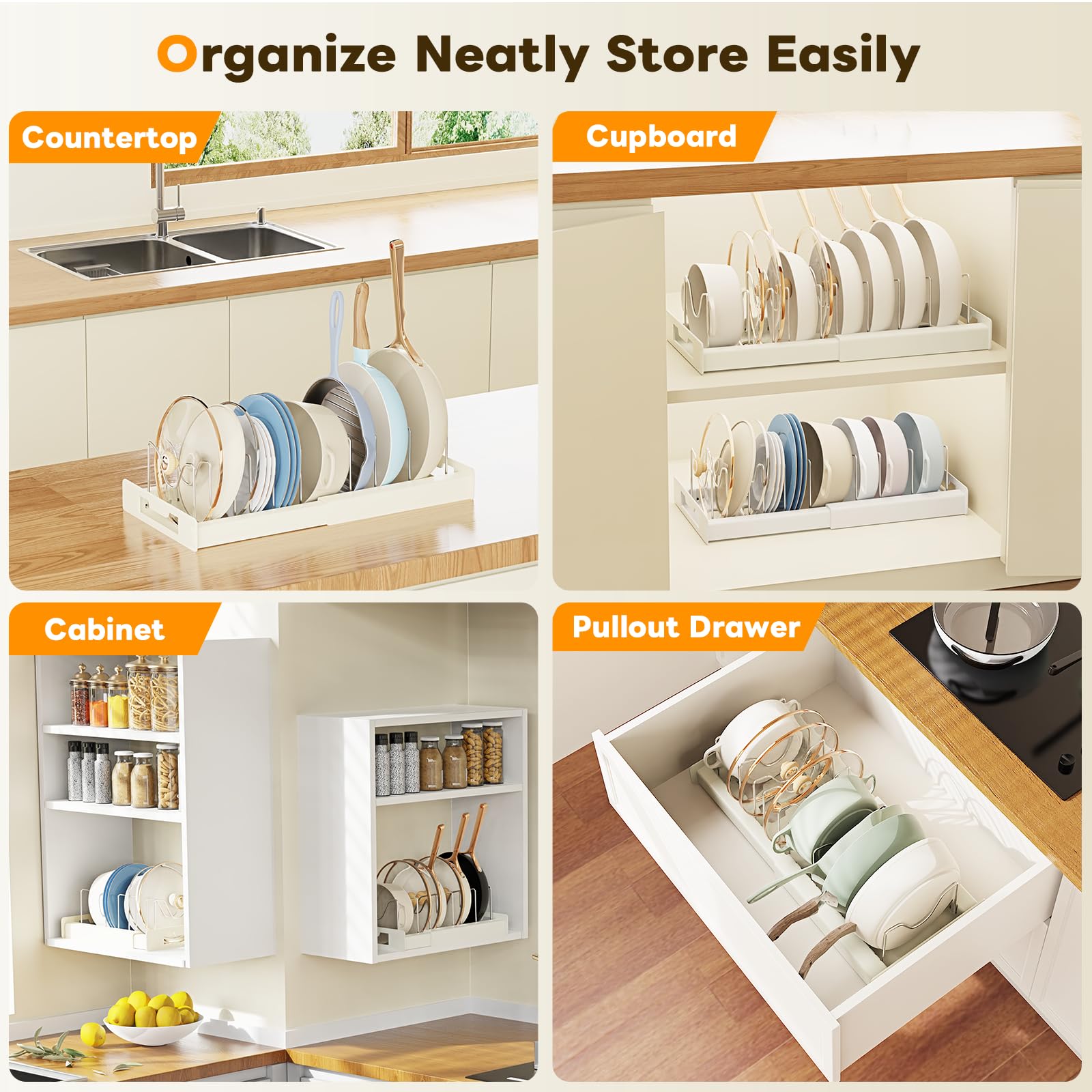 Dayacoco space-saving design stores lids, pots, and baking trays neatly.