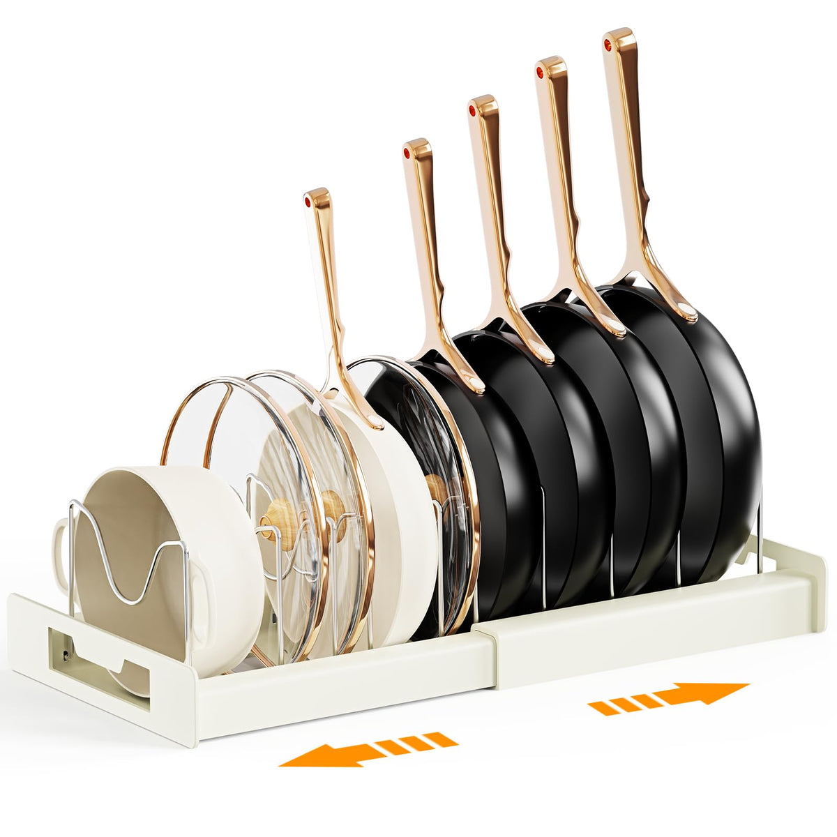 Dayacoco pots and pans organizer under cabinet keeps cookware neatly stored.