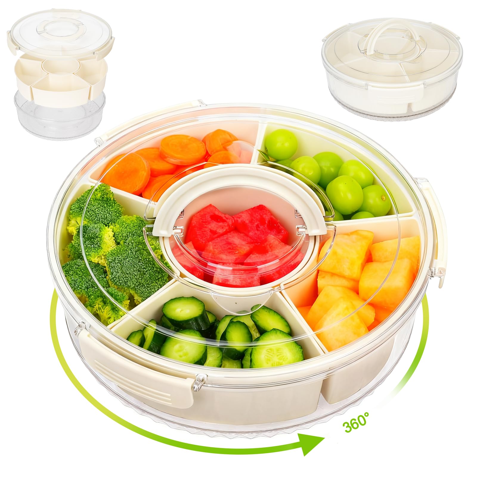 Dayacoco rotating divided tray with lid showing organized six compartments for snacks.