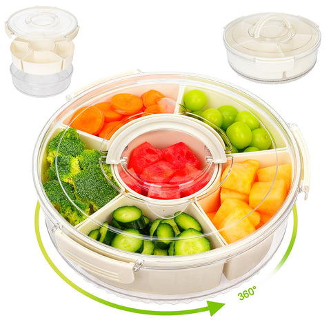 Dayacoco rotating divided tray with lid showing organized six compartments for snacks.