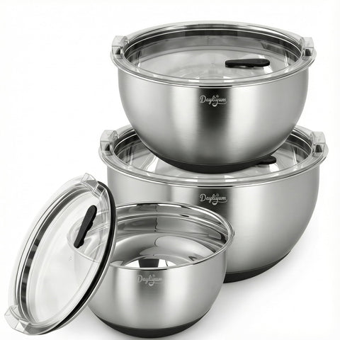 Dayliyum mixing bowls with airtight lids for fresh prep and storage.