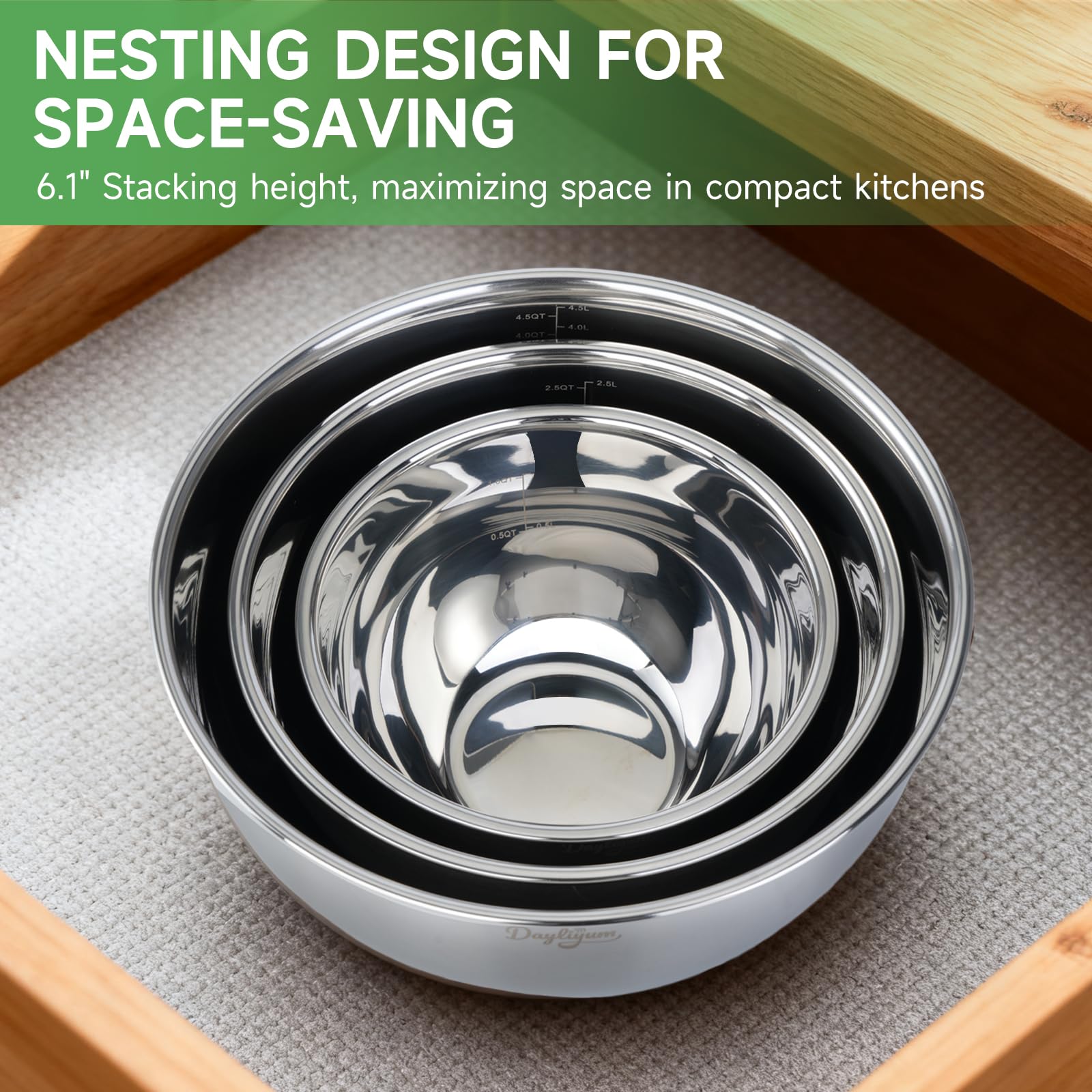 Dayliyum nesting design saves cabinet space when not in use.
