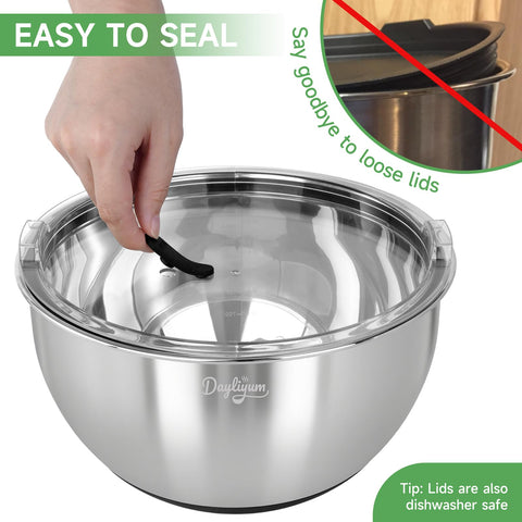 Dayliyum mixing bowls showcase durable stainless steel construction for daily use.