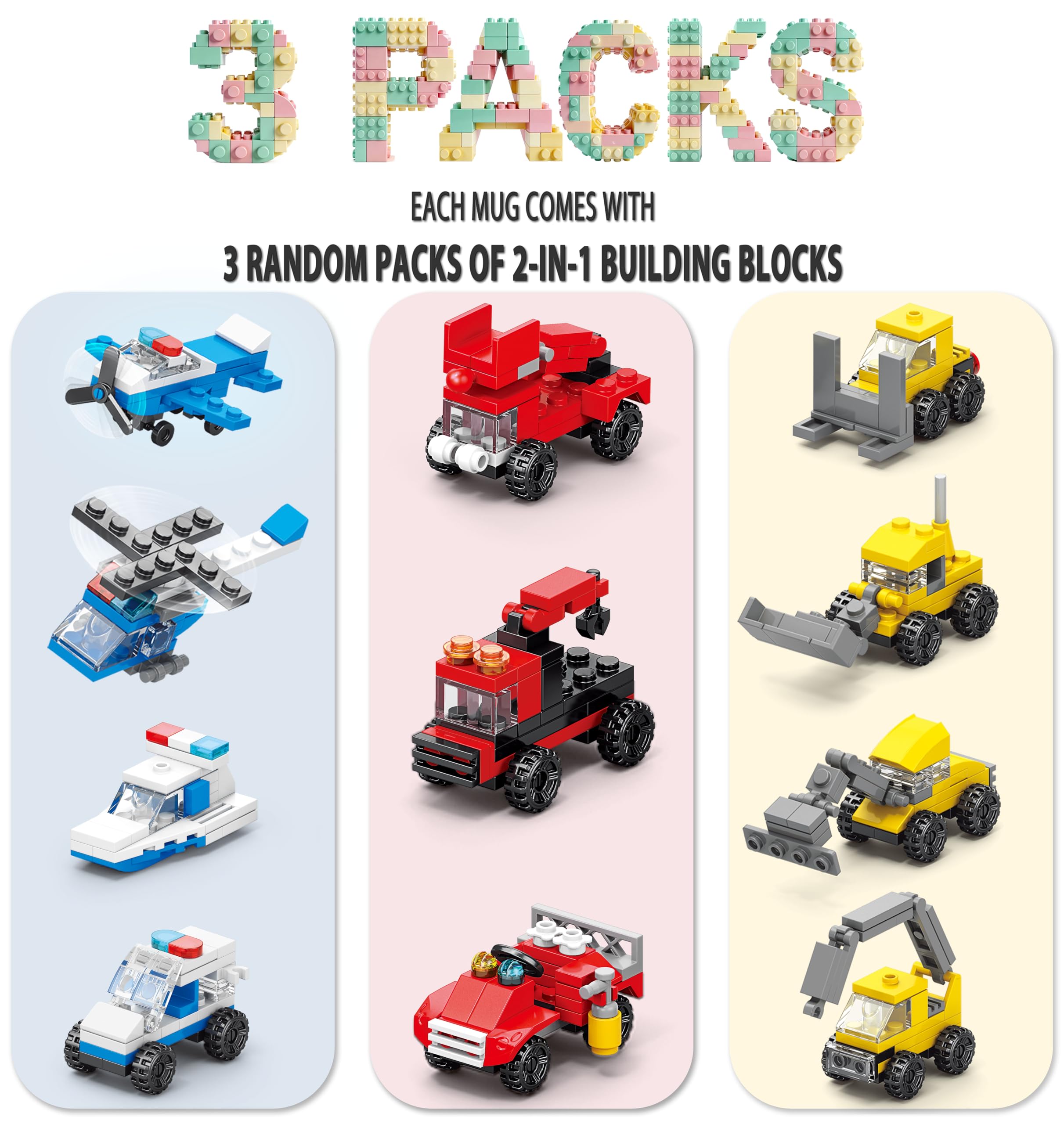 DAYMOO Build-on Brick Mug blue with bricks, ideal for kid-friendly imaginative play.