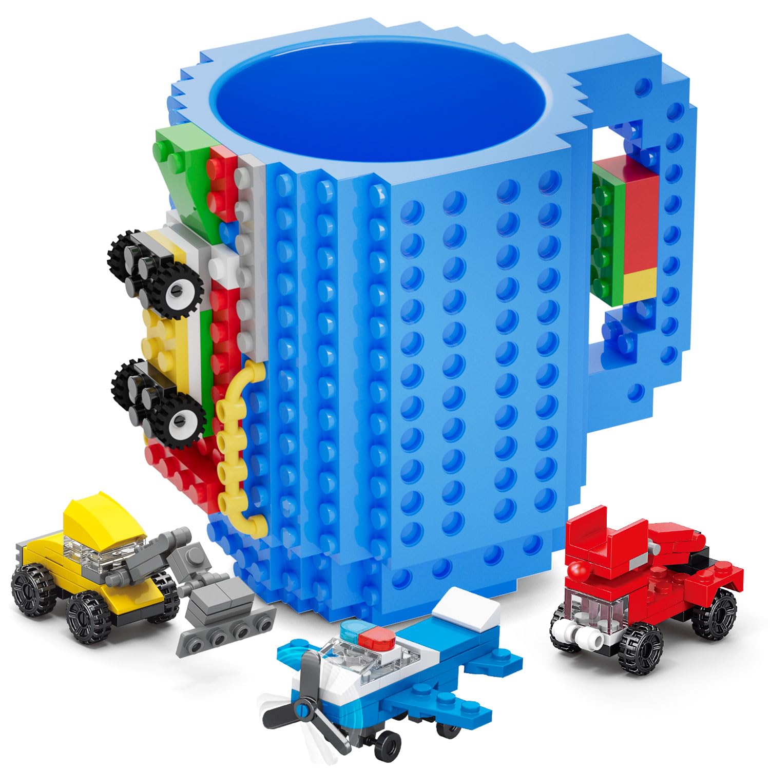 DAYMOO Build-on Brick Mug blue front view, a playful desk accessory for creative coffee moments.