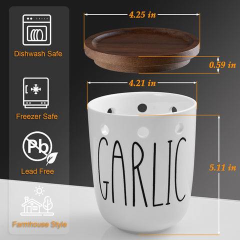 DAYYET garlic keeper front view showing farmhouse white ceramic finish