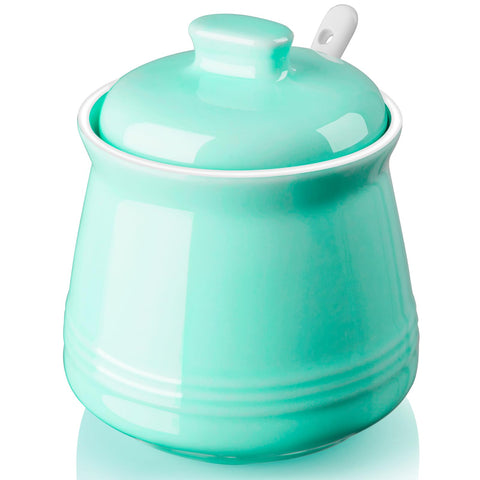 DAYYET teal sugar bowl with lid showcases ceramic craftsmanship for organized countertops.