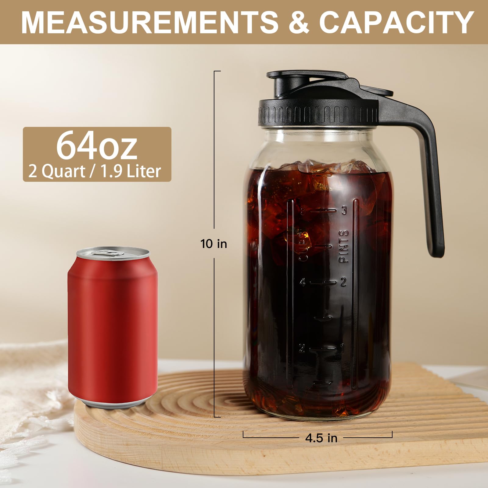 DAZHICN 64oz pitcher side view with ergonomic handle for smooth pouring.