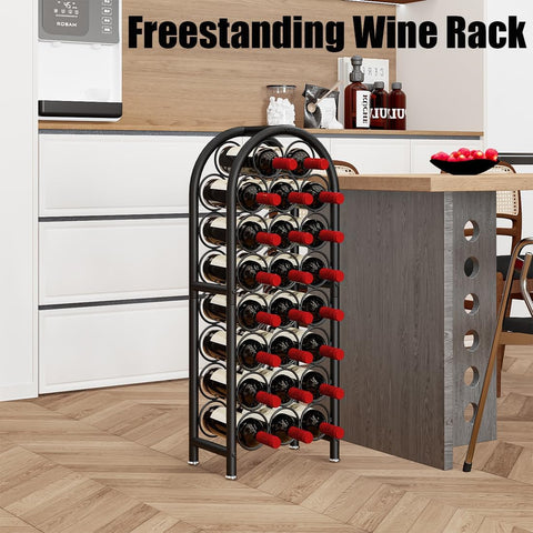 Dazioter front view of the arched black wine rack for stylish storage.