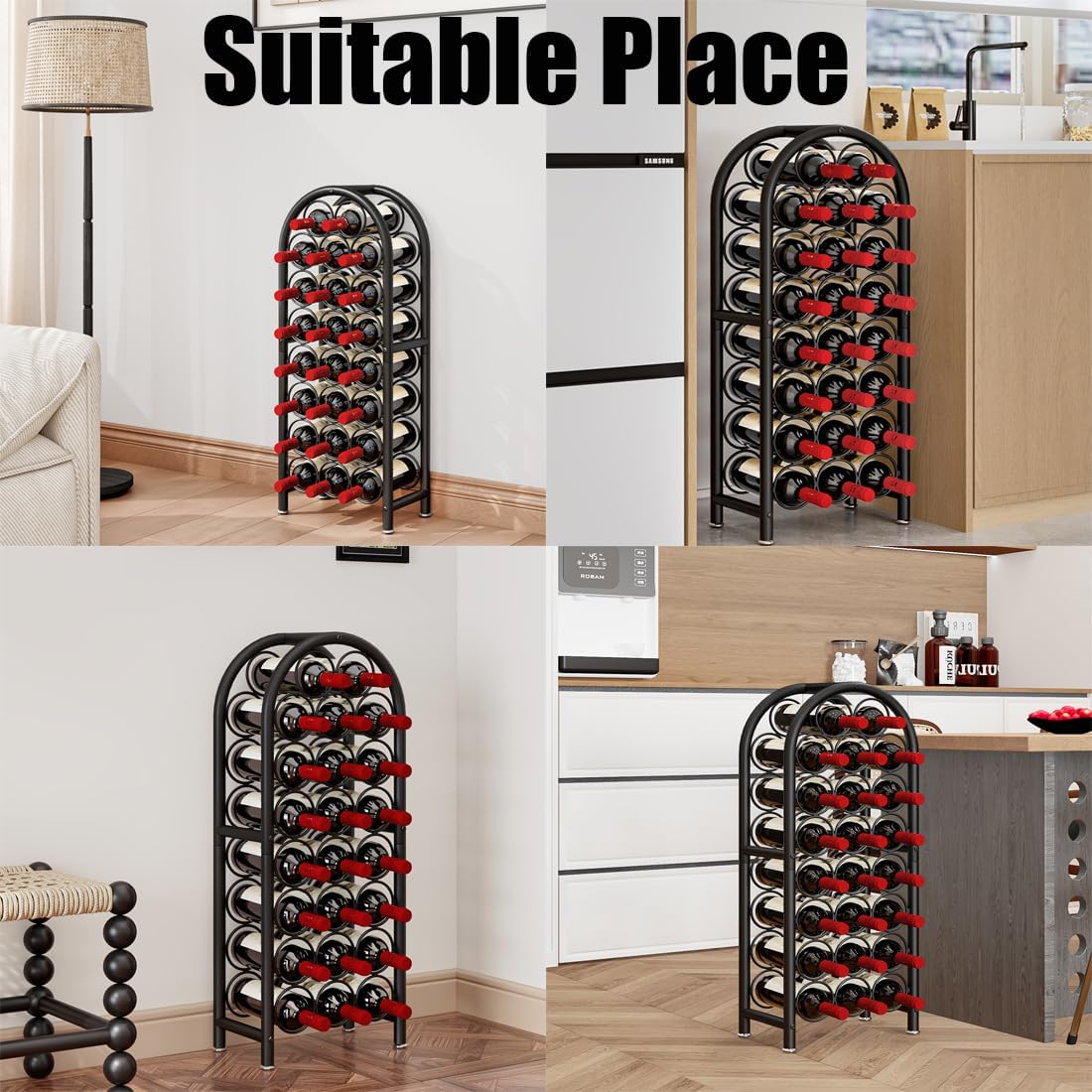 Dazioter rack placed in kitchen-dining area for organized wine storage.