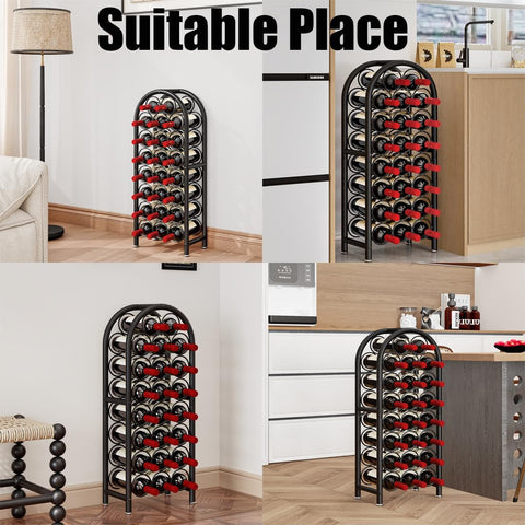 Dazioter rack placed in kitchen-dining area for organized wine storage.
