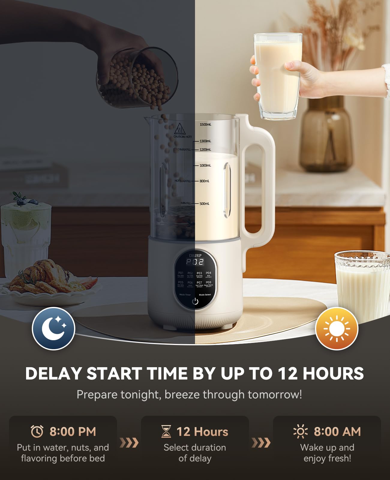 DBJRP 44oz Nut Milk Maker digital panel for precise timing and temperature control