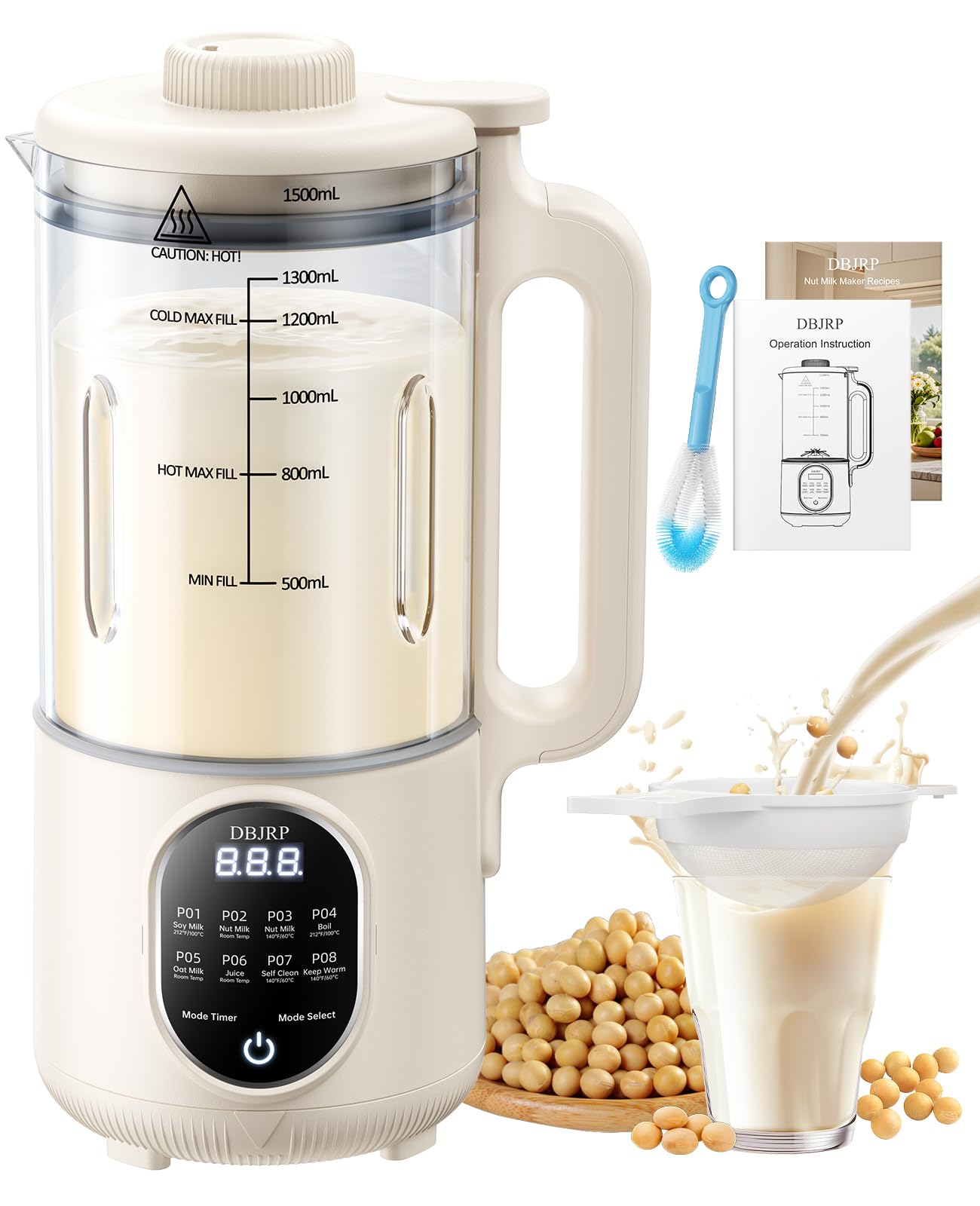 DBJRP 44oz Nut Milk Maker front view showing compact kitchen-friendly design for easy plant milks