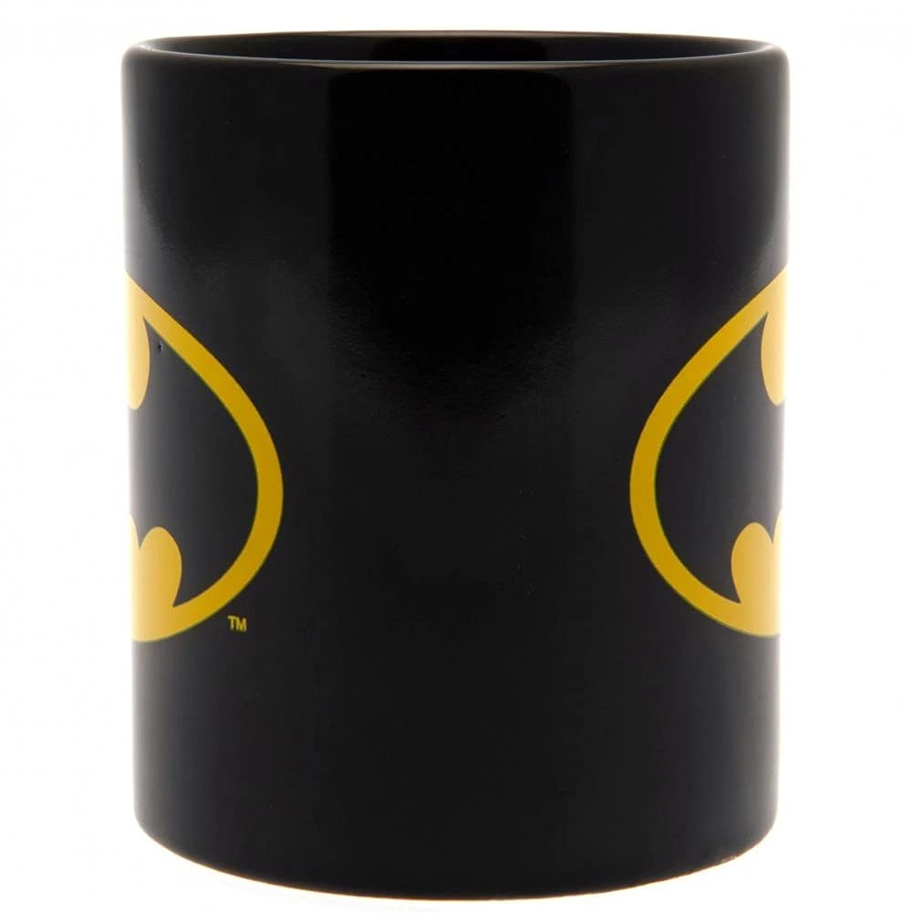 DC Comics Batman logo mug close-up highlighting iconic design for daily coffee.