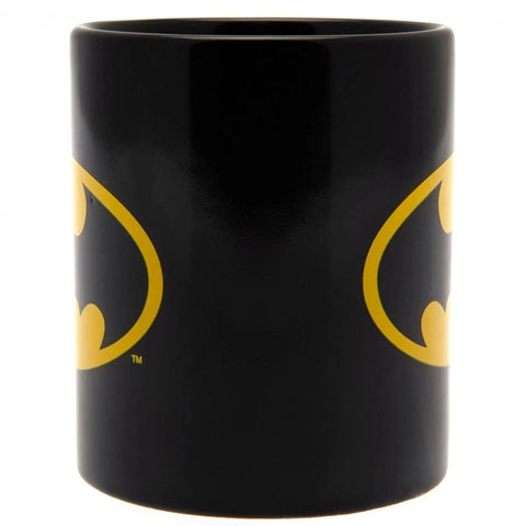 DC Comics Batman logo mug close-up highlighting iconic design for daily coffee.