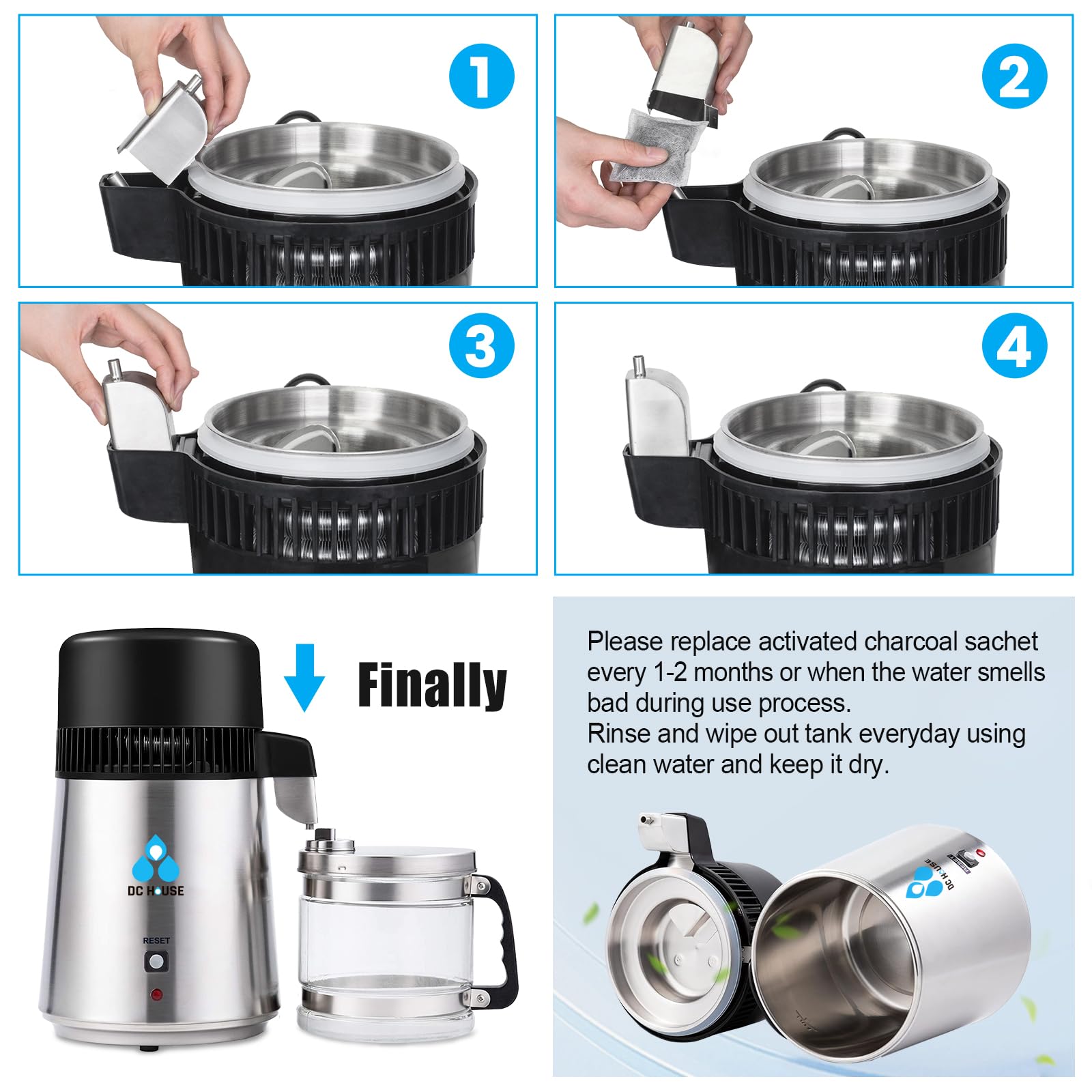 DC House distiller pour spout with glass carafe shows water flow