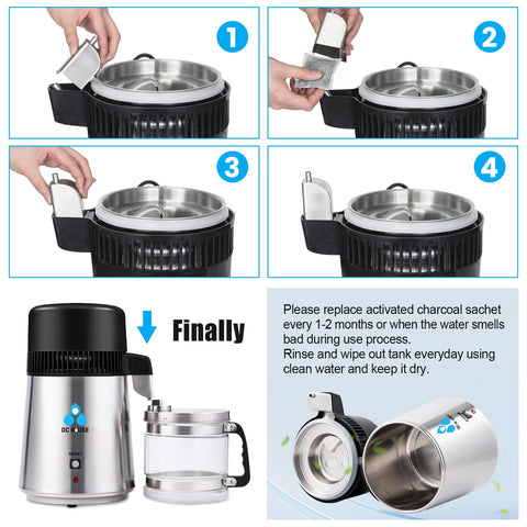 DC House distiller pour spout with glass carafe shows water flow