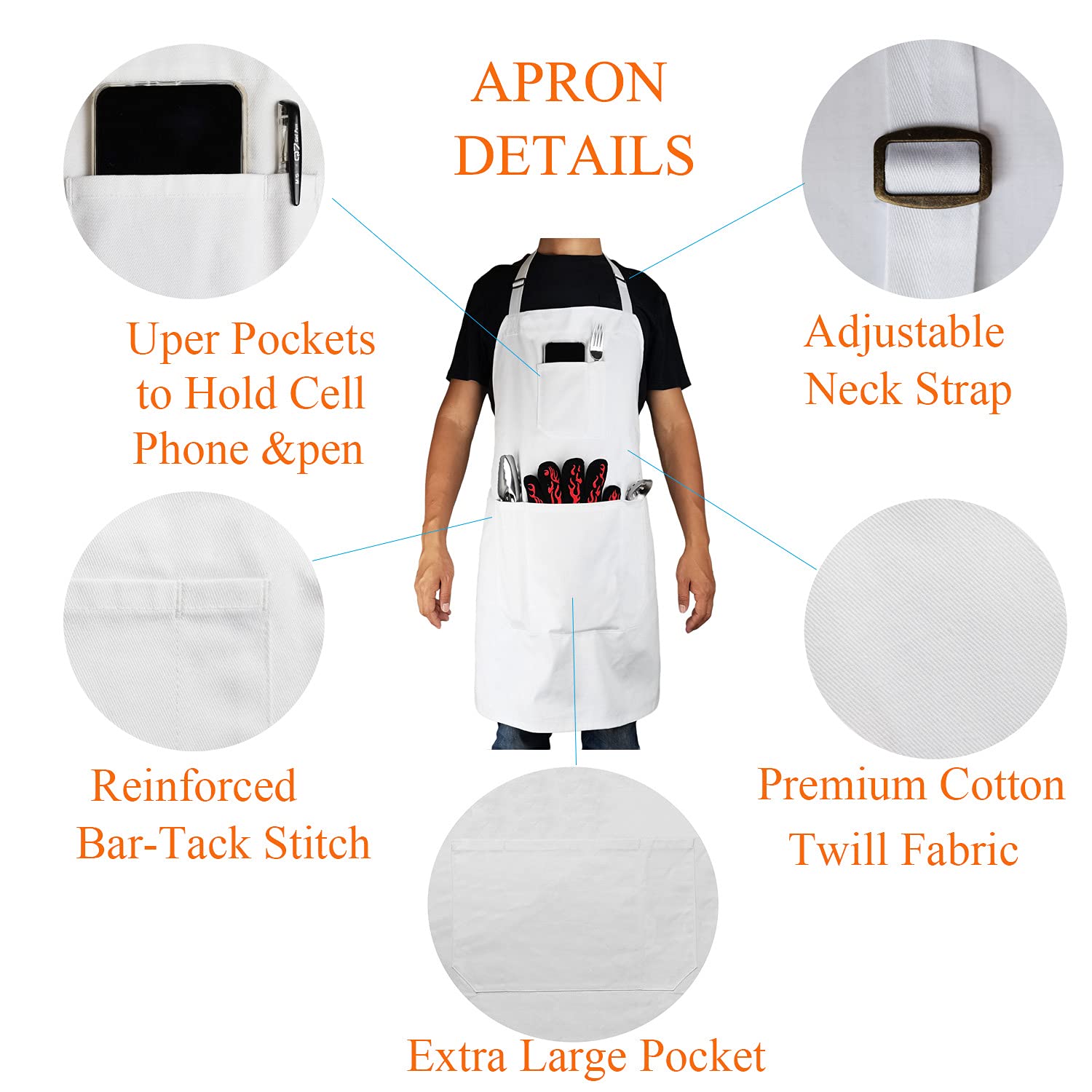 DCCPAA apron chest pocket highlights convenient tool storage during cooking.