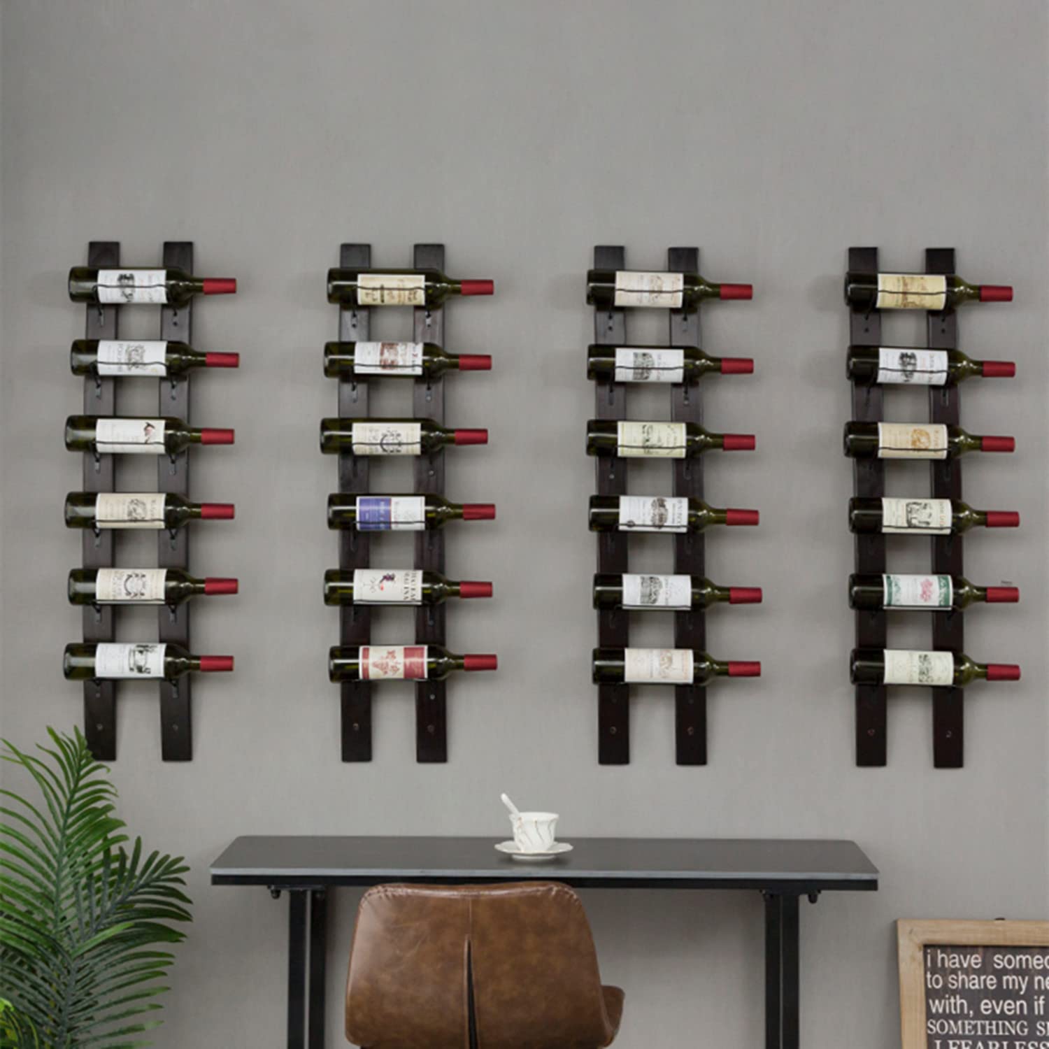 DCIGNA red wine color rack enhances vintage bottle display on wall.