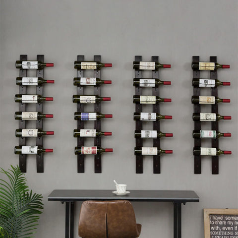 DCIGNA red wine color rack enhances vintage bottle display on wall.